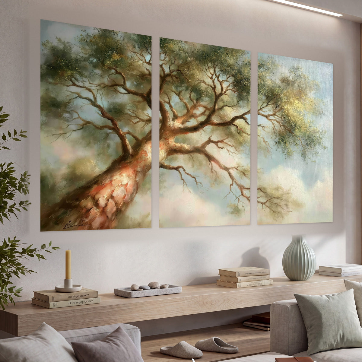 Majestic tree canopy painting set of 3 poster prints in a living room above a console