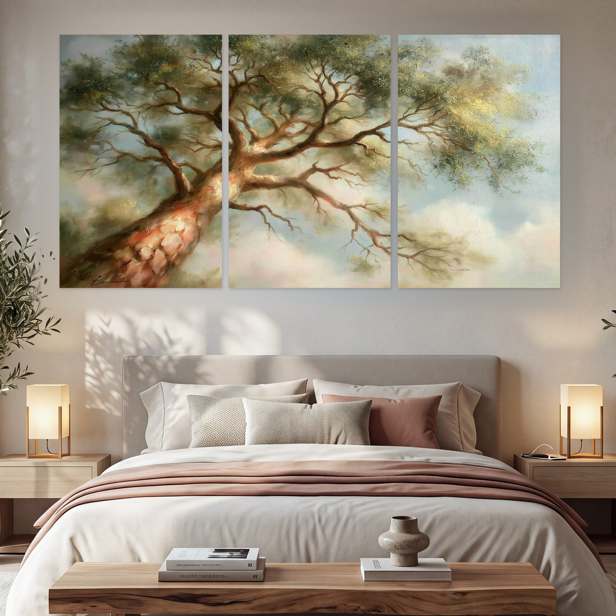 Majestic tree canopy painting set of 3 poster prints in a bedroom above the bed