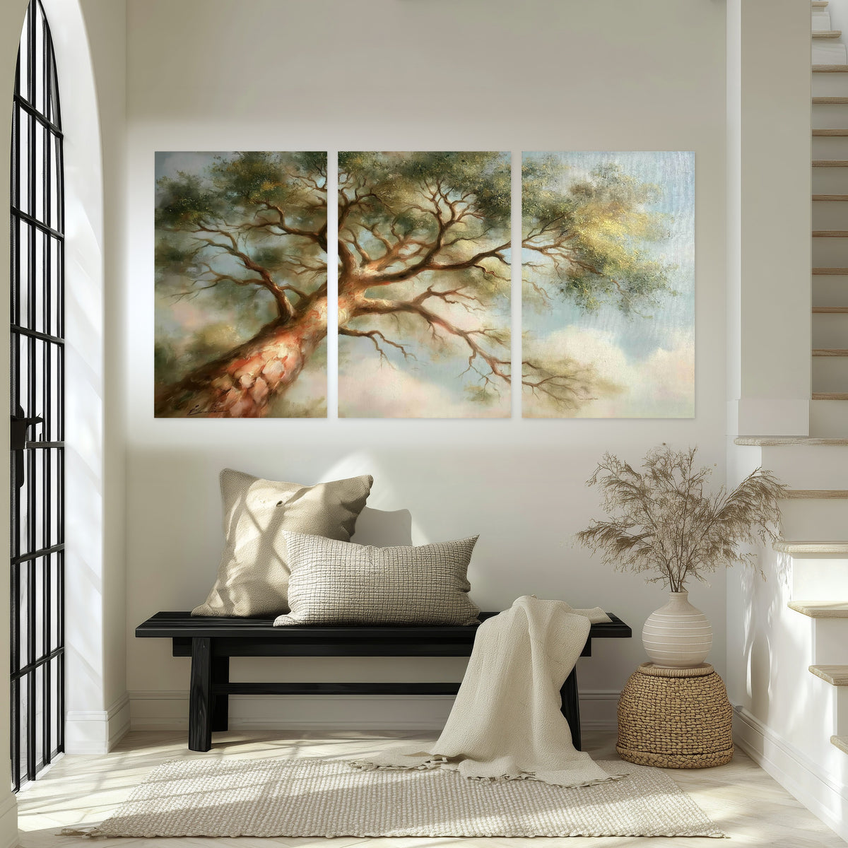 Majestic tree canopy painting set of 3 poster prints in an entryway above a bench