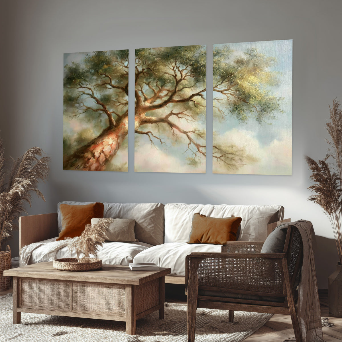 Majestic tree canopy painting set of 3 poster prints in a rustic living room