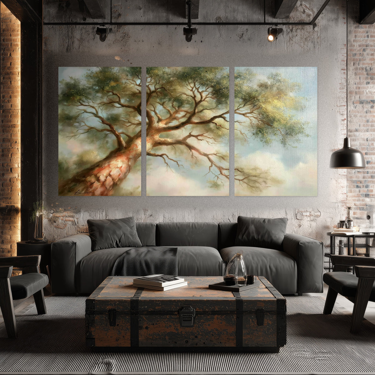 Majestic tree canopy painting set of 3 poster prints in an industrial loft
