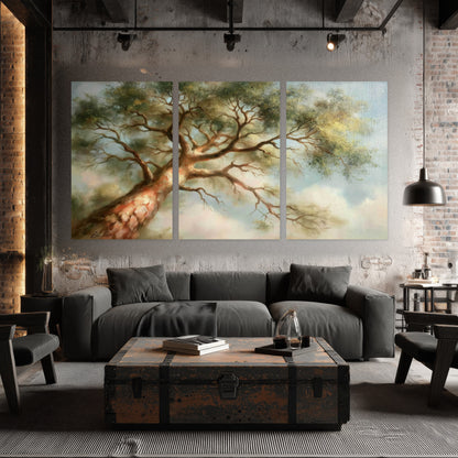 Majestic tree canopy painting set of 3 poster prints in an industrial loft