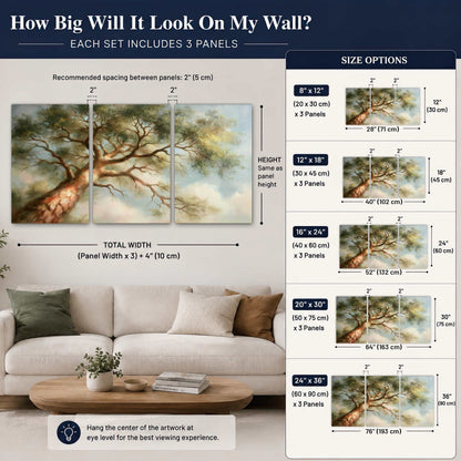 Majestic tree canopy painting set of 3 poster prints size guide above a sofa