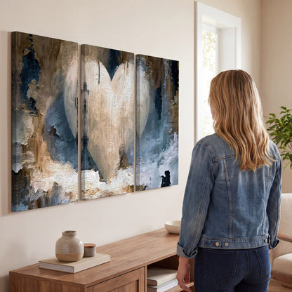 Rustic heart abstract painting 3 piece canvas wall art in a living room
