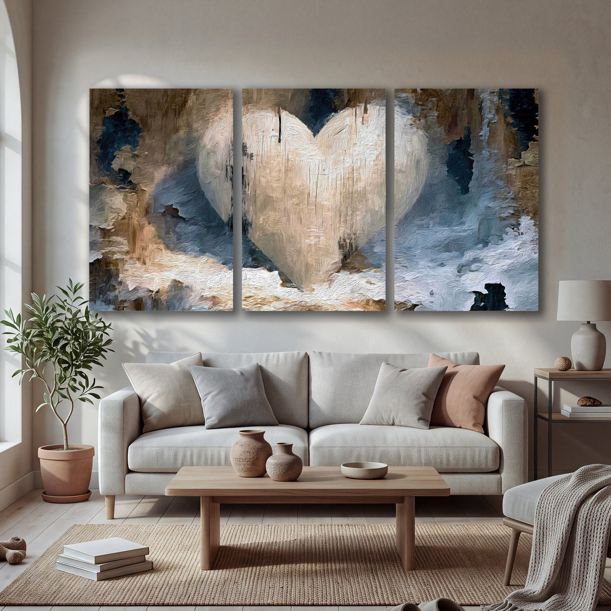 Rustic heart abstract painting 3 piece canvas wall art in a bright living room