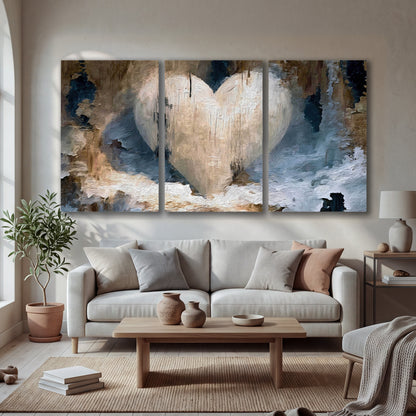 Rustic heart abstract painting 3 piece canvas wall art in a bright living room