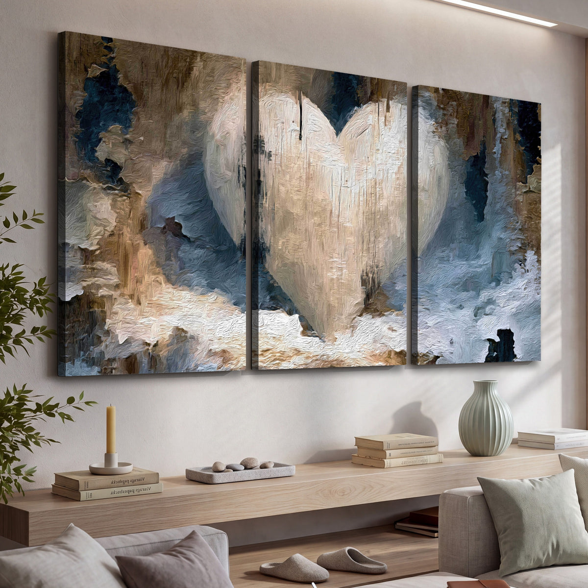 Rustic heart abstract painting 3 piece canvas wall art in a living room above a console