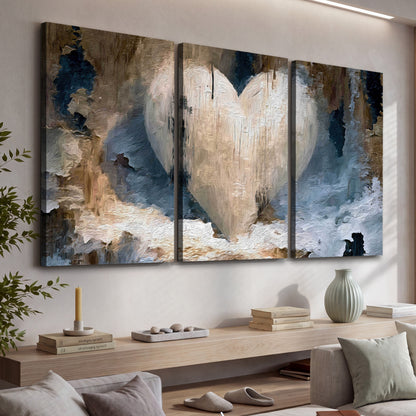 Rustic heart abstract painting 3 piece canvas wall art in a living room above a console