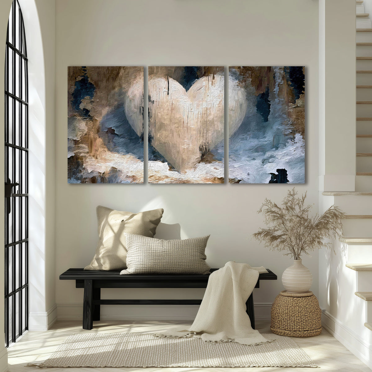 Rustic heart abstract painting 3 piece canvas wall art in an entryway above a bench