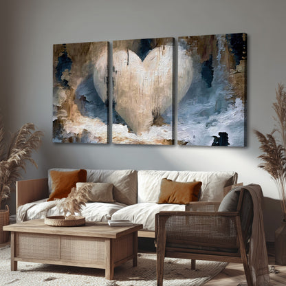 Rustic heart abstract painting 3 piece canvas wall art in a rustic living room