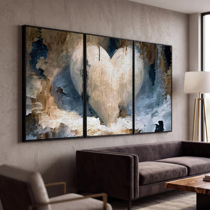 Rustic heart abstract painting 3 piece canvas wall art in a modern living room