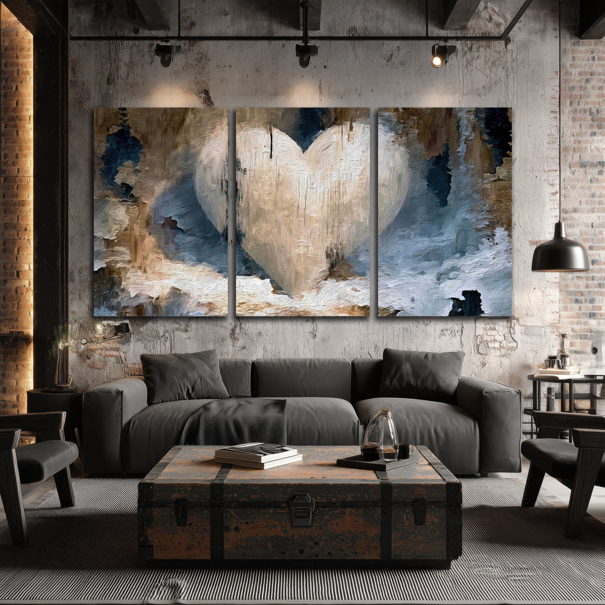 Rustic heart abstract painting 3 piece canvas wall art in an industrial loft