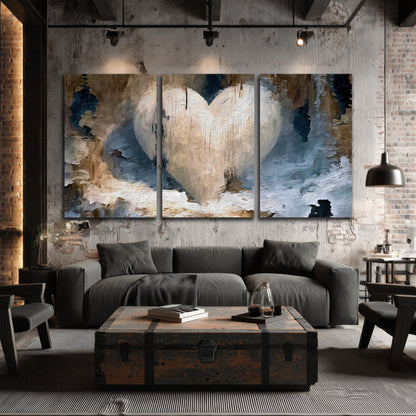 Rustic heart abstract painting 3 piece canvas wall art in an industrial loft