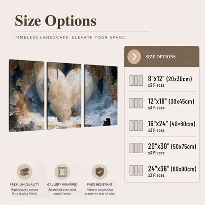 Rustic heart abstract painting 3 piece canvas wall art size options