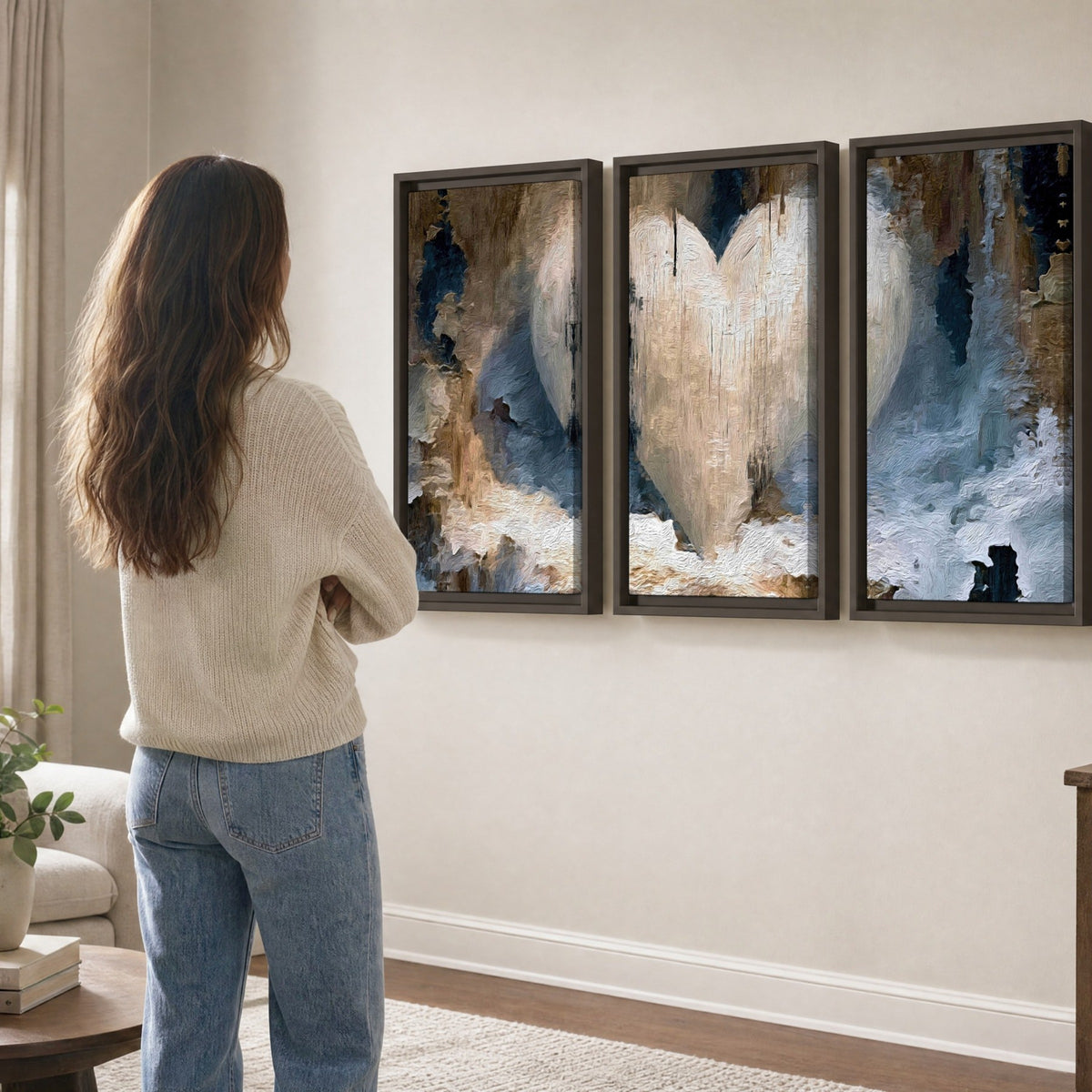 Rustic heart abstract painting 3 piece framed canvas in a living room