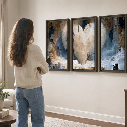 Rustic heart abstract painting 3 piece framed canvas in a living room