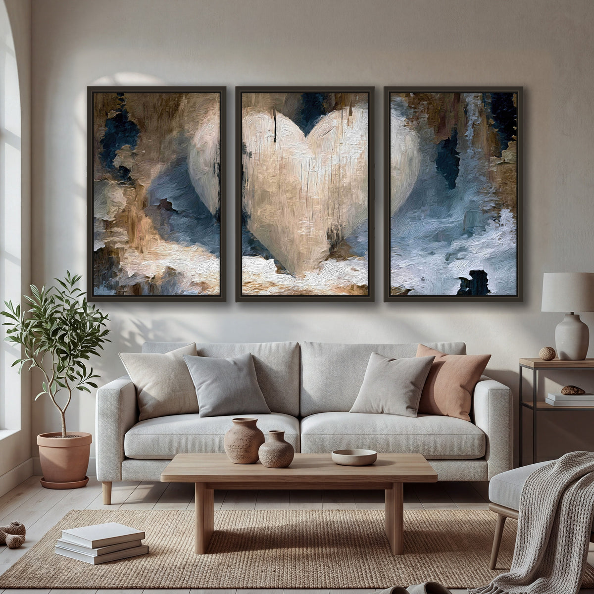 Rustic heart abstract painting 3 piece framed canvas in a bright living room