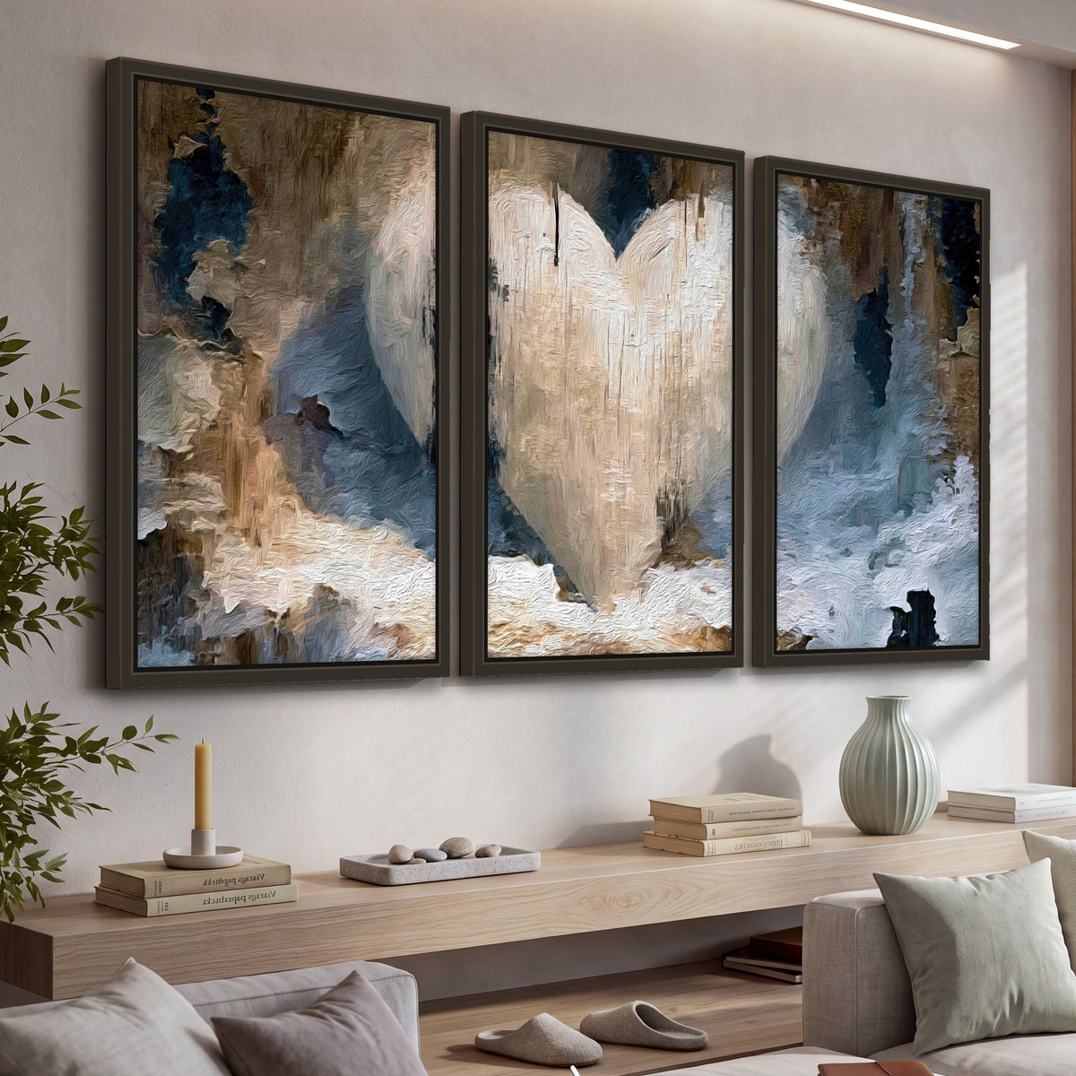 Rustic heart abstract painting 3 piece framed canvas in a living room above a console
