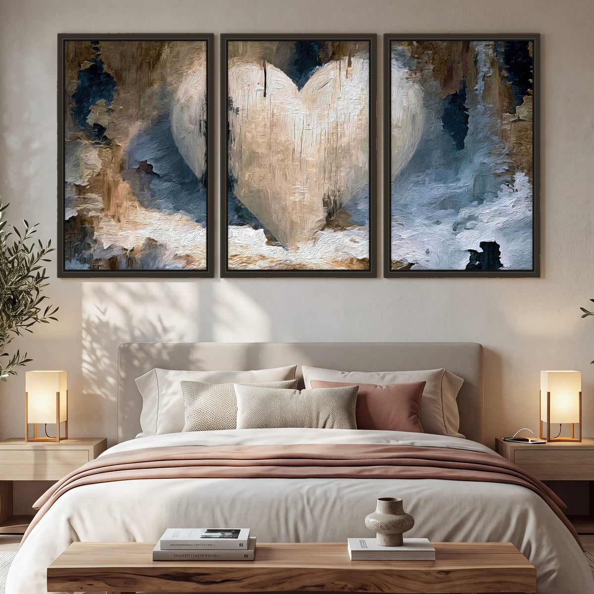 Rustic heart abstract painting 3 piece framed canvas in a bedroom above the bed