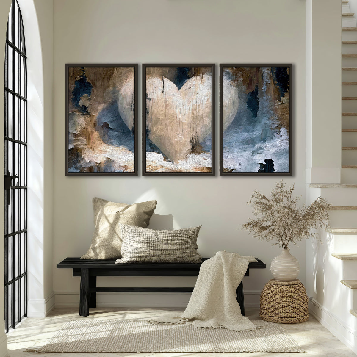 Rustic heart abstract painting 3 piece framed canvas in an entryway above a bench