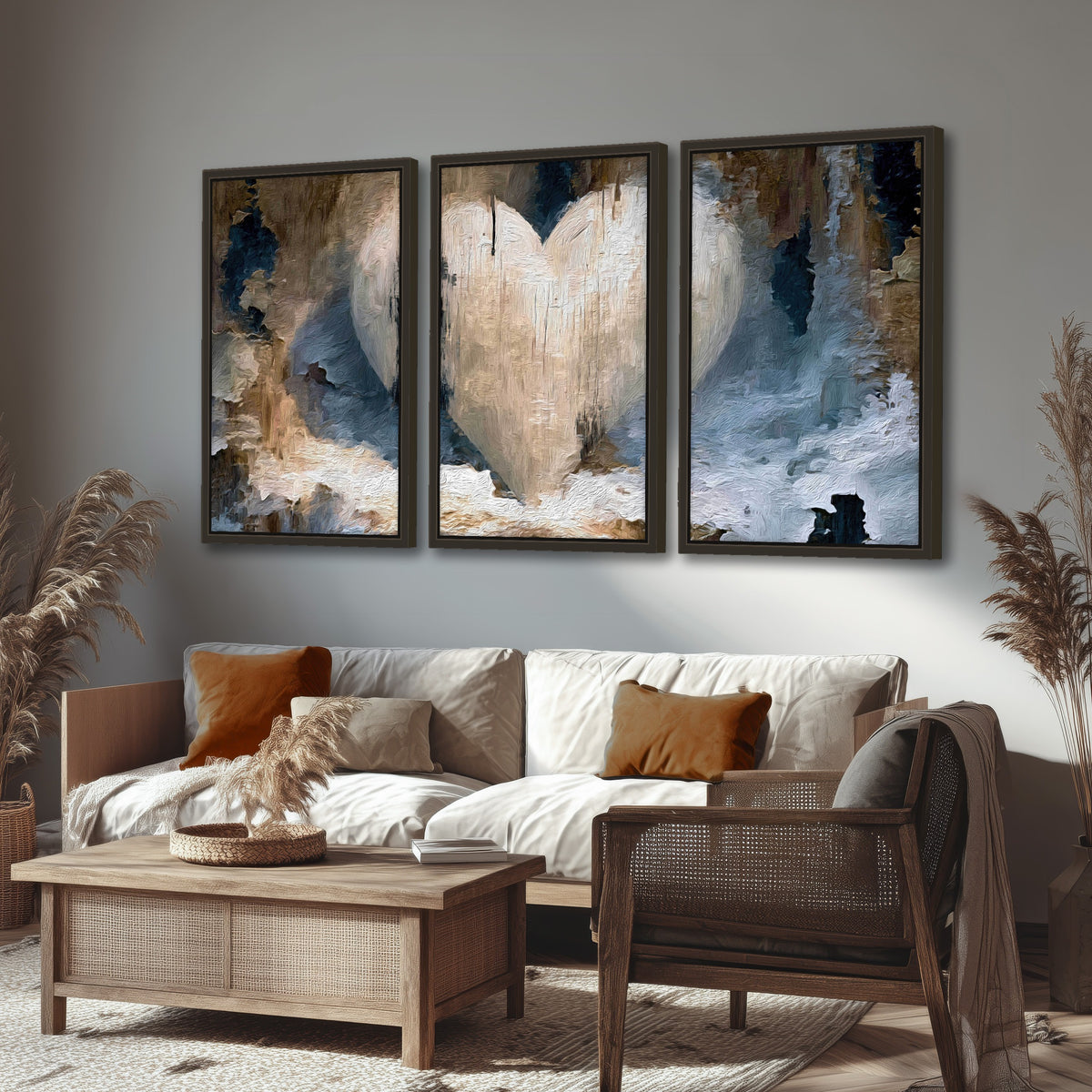Rustic heart abstract painting 3 piece framed canvas in a rustic living room
