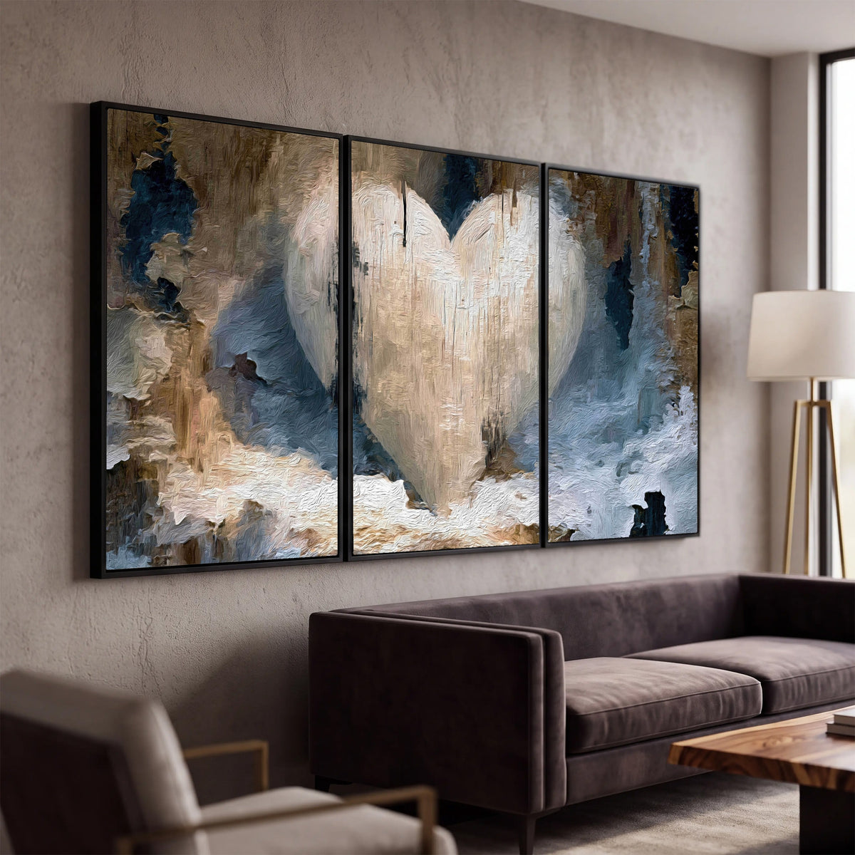 Rustic heart abstract painting 3 piece framed canvas in a modern living room