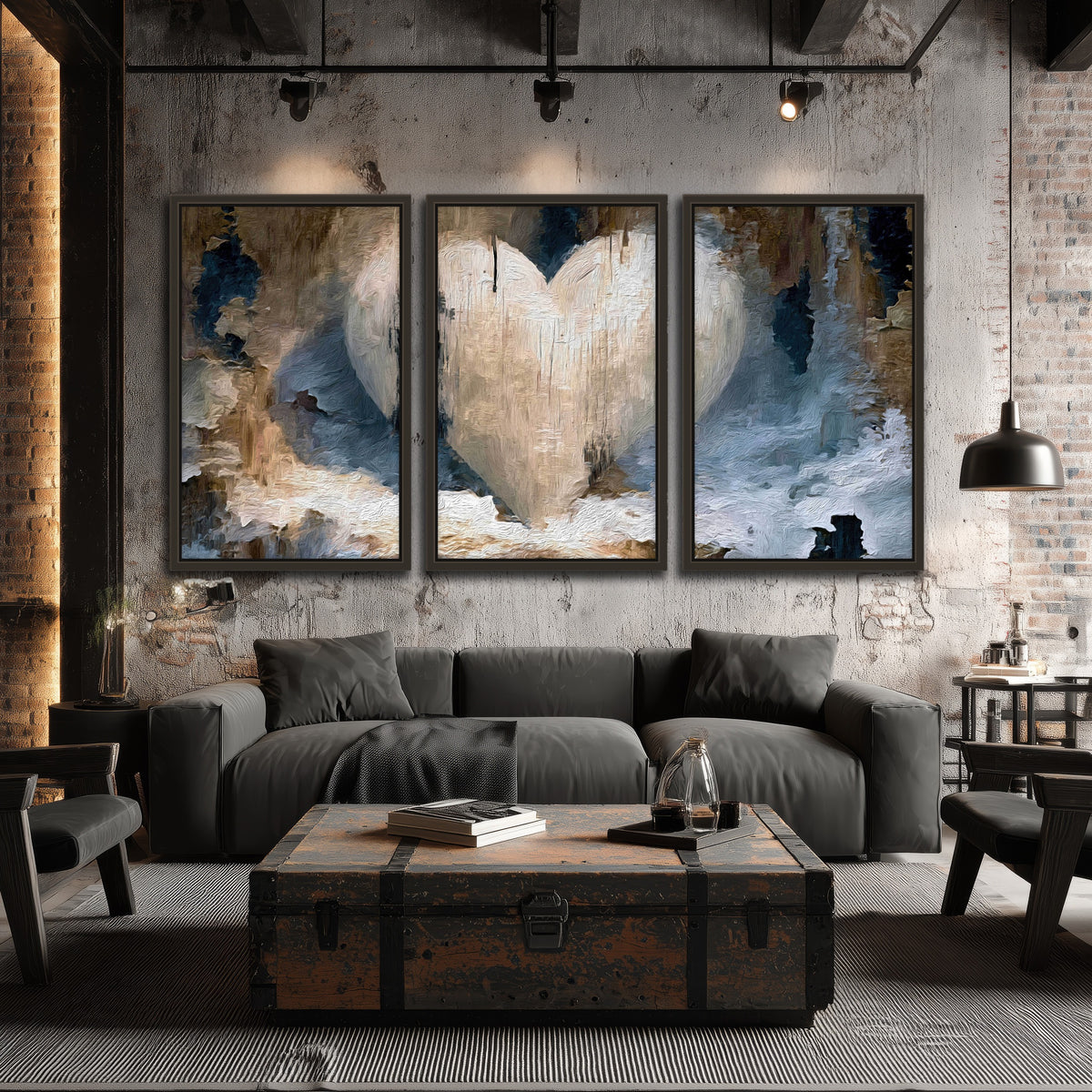 Rustic heart abstract painting 3 piece framed canvas in an industrial loft