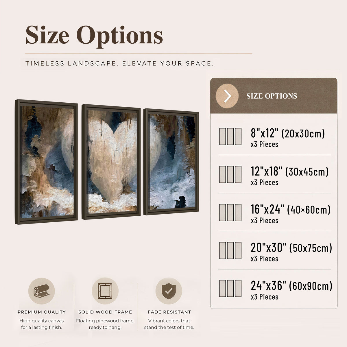 Rustic heart abstract painting 3 piece framed canvas size options