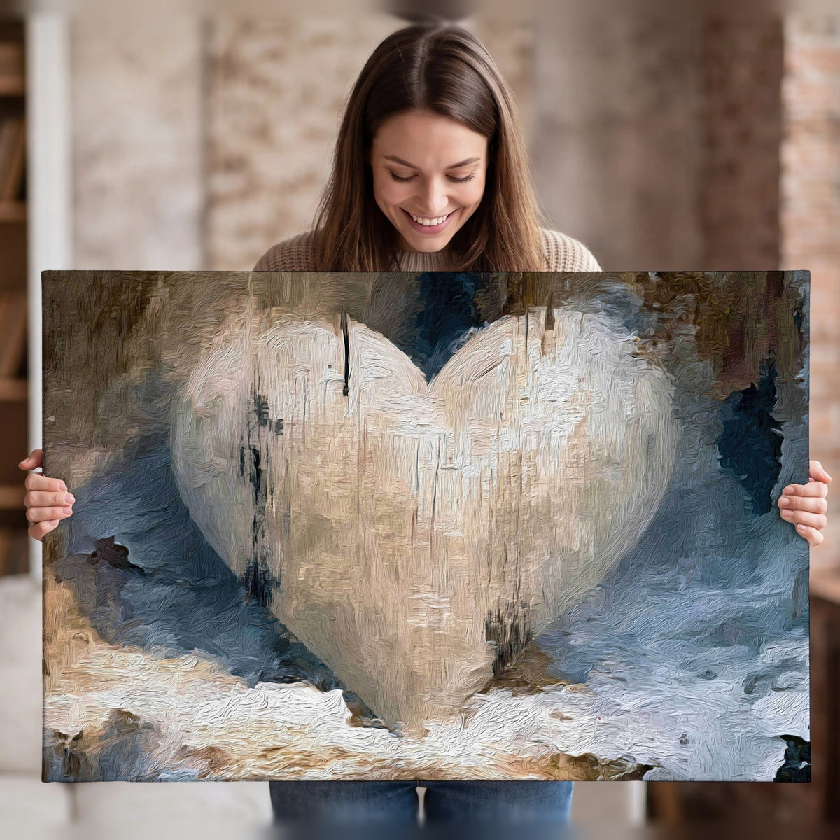 Rustic heart abstract painting canvas wall art held in hands