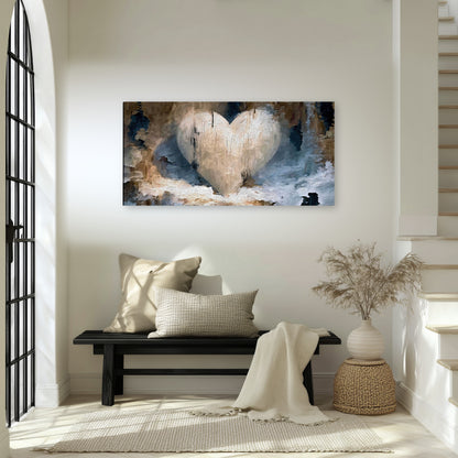 Rustic heart abstract painting canvas wall art in an entryway above a bench