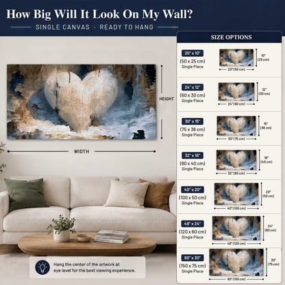 Rustic heart abstract painting canvas wall art size guide above a sofa