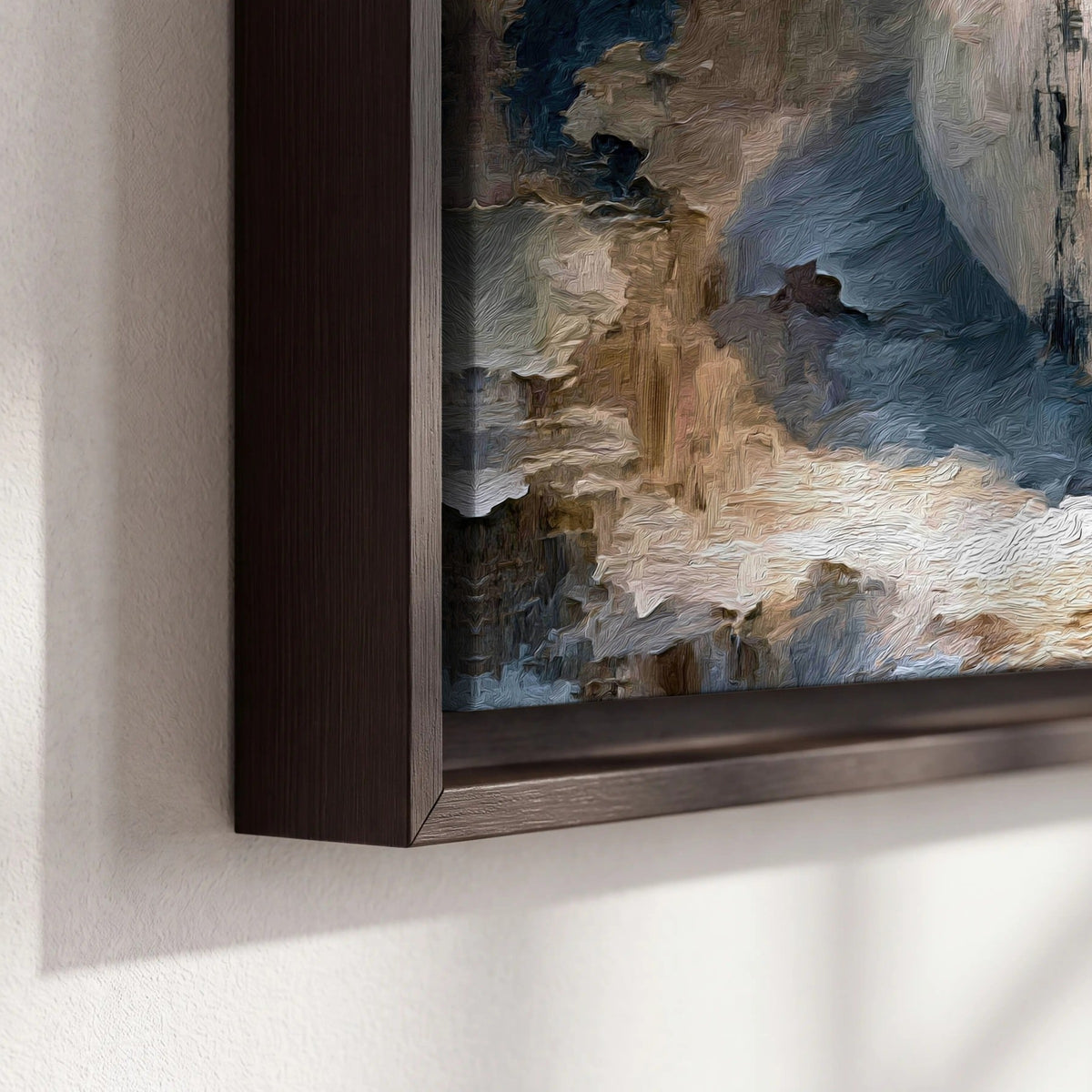 Rustic heart abstract painting framed canvas close-up showing the floating frame