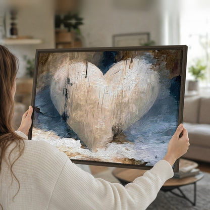 Rustic heart abstract painting framed canvas held in hands