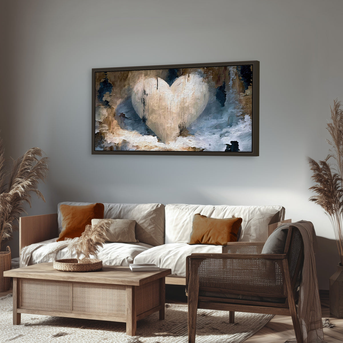 Rustic heart abstract painting framed canvas wall art in a rustic living room