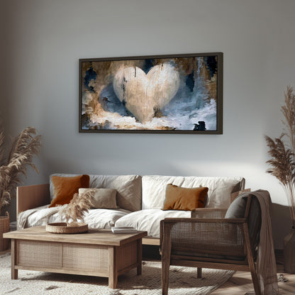 Rustic heart abstract painting framed canvas wall art in a rustic living room