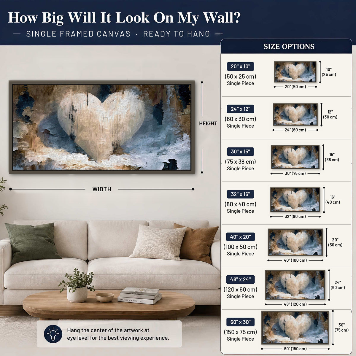 Rustic heart abstract painting framed canvas wall art size guide above a sofa