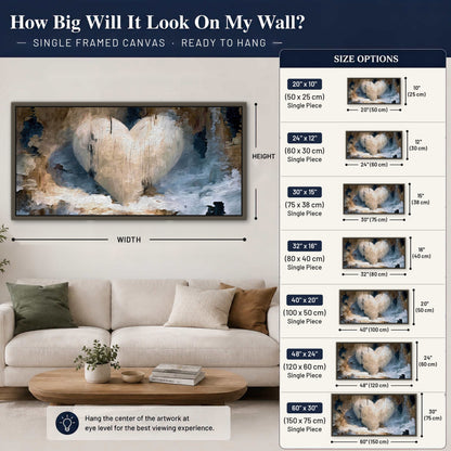 Rustic heart abstract painting framed canvas wall art size guide above a sofa