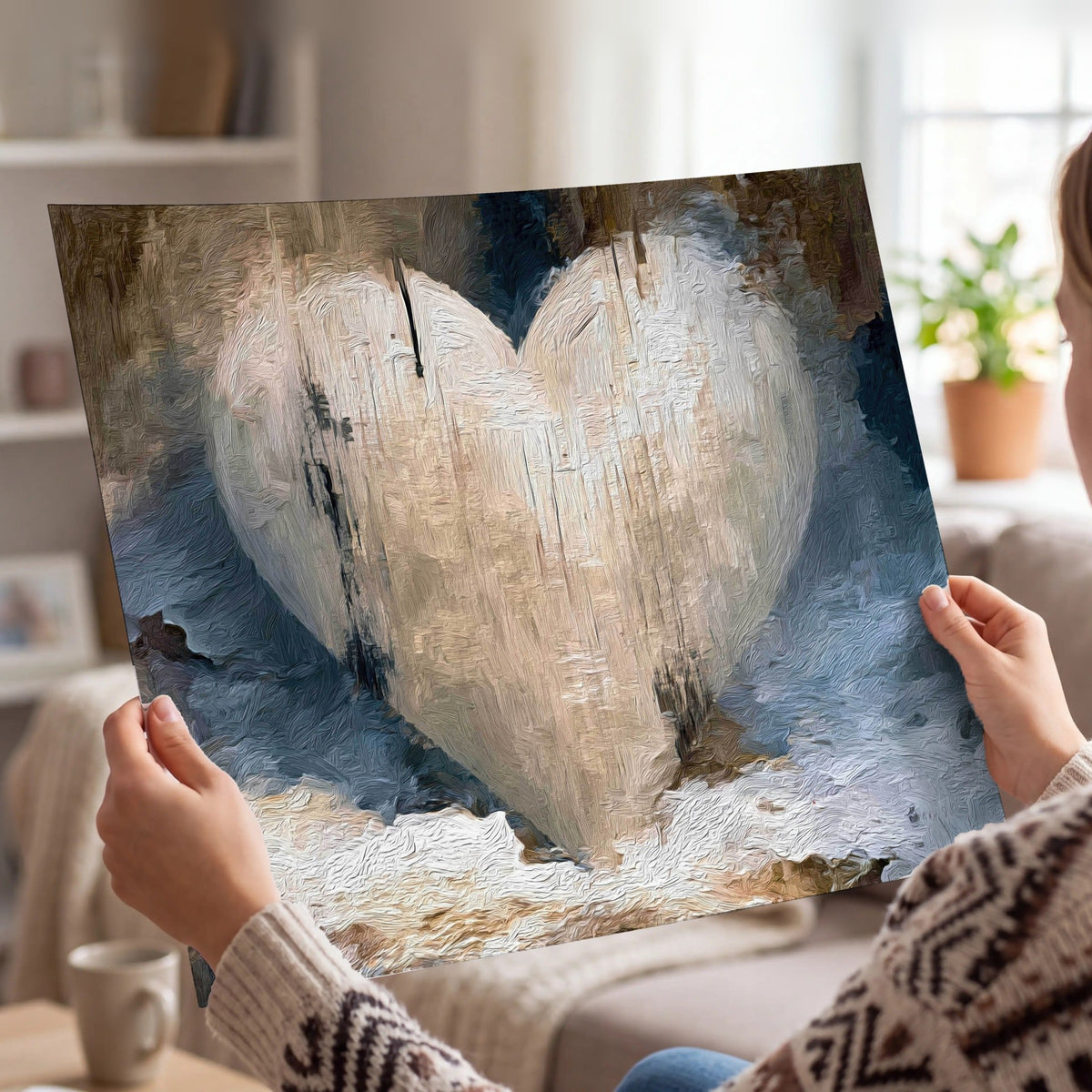 Rustic heart abstract painting poster print held in hands