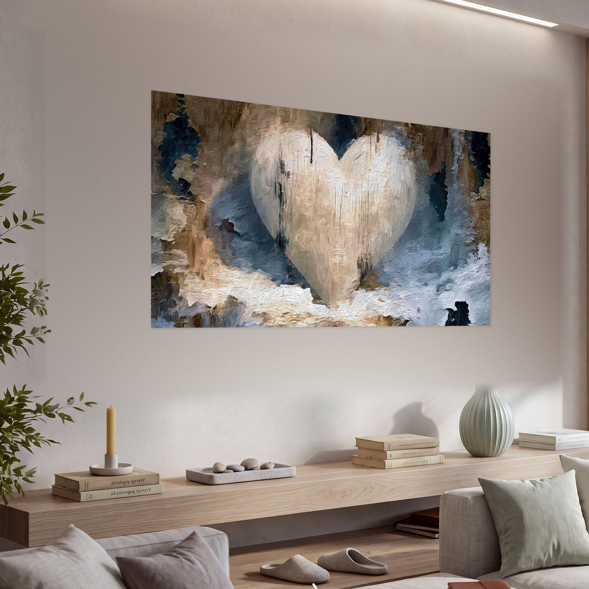 Rustic heart abstract painting poster print in a living room above a console