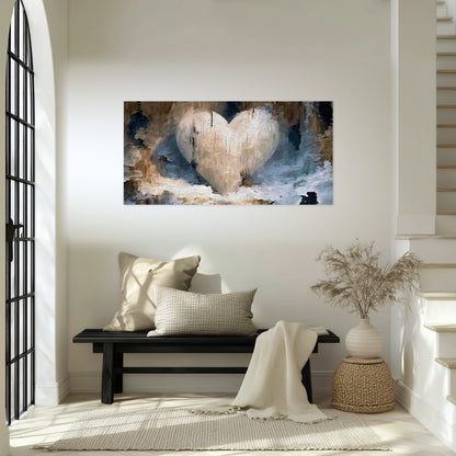 Rustic heart abstract painting poster print in an entryway above a bench