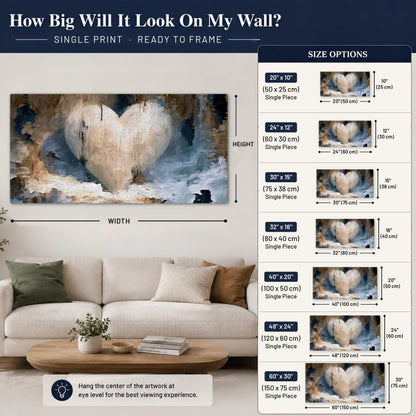 Rustic heart abstract painting poster print size guide above a sofa