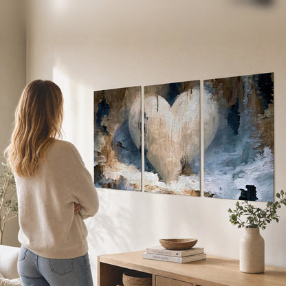 Rustic heart abstract painting set of 3 poster prints in a living room