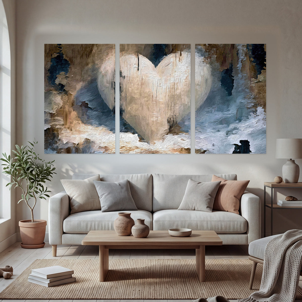 Rustic heart abstract painting set of 3 poster prints in a bright living room