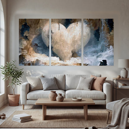 Rustic heart abstract painting set of 3 poster prints in a bright living room