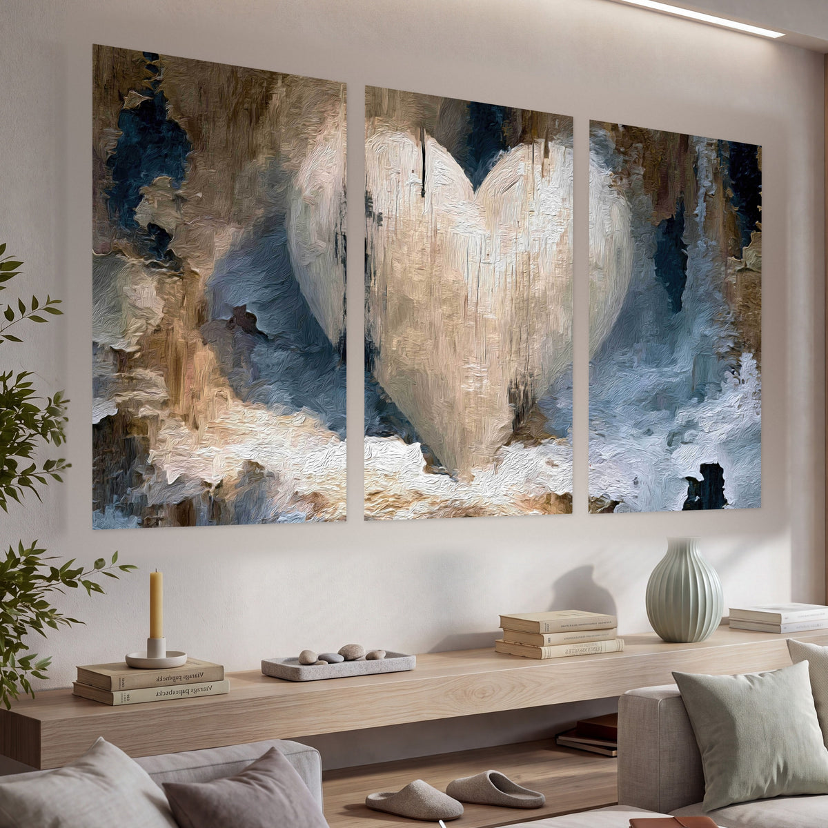 Rustic heart abstract painting set of 3 poster prints in a living room above a console