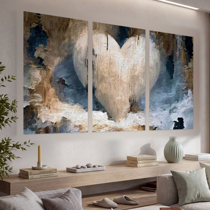 Rustic heart abstract painting set of 3 poster prints in a living room above a console