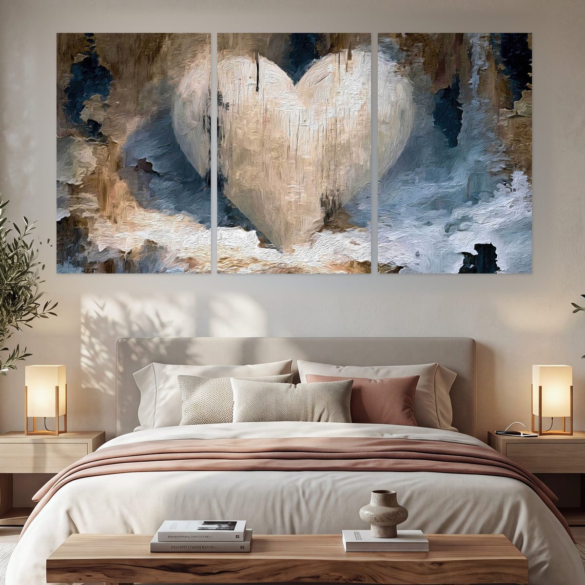 Rustic heart abstract painting set of 3 poster prints in a bedroom above the bed