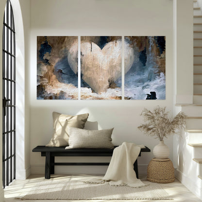 Rustic heart abstract painting set of 3 poster prints in an entryway above a bench