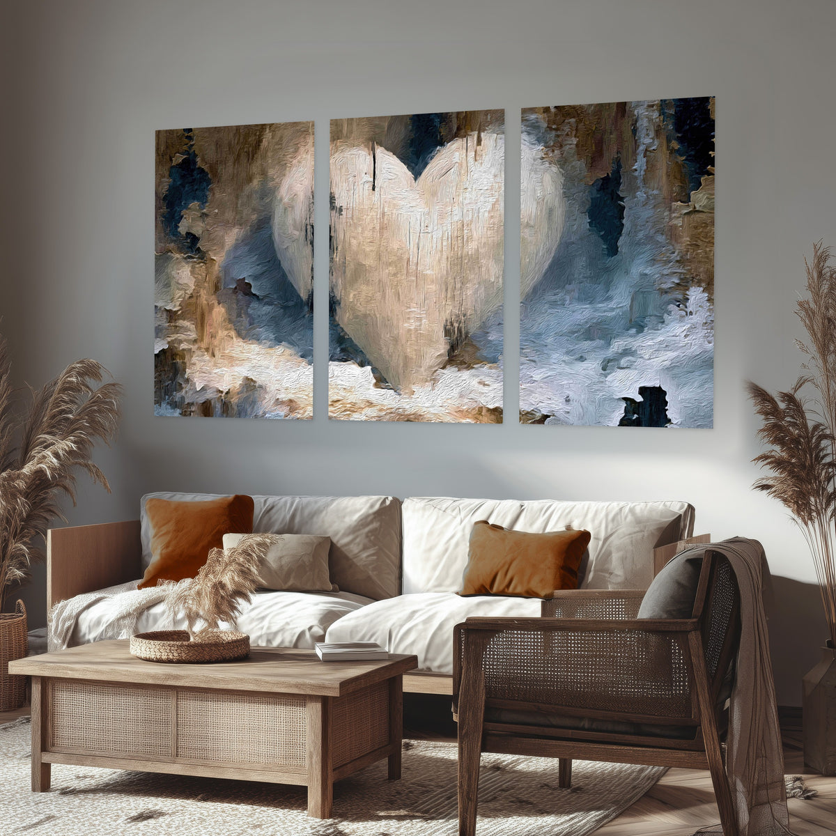 Rustic heart abstract painting set of 3 poster prints in a rustic living room