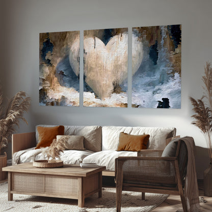 Rustic heart abstract painting set of 3 poster prints in a rustic living room